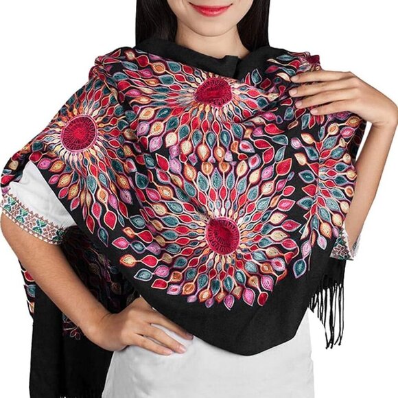 Women's Embroidered Oversize Tassel Shawl Wrap Scarf for Formal Evening Wear - Picture 2 of 7